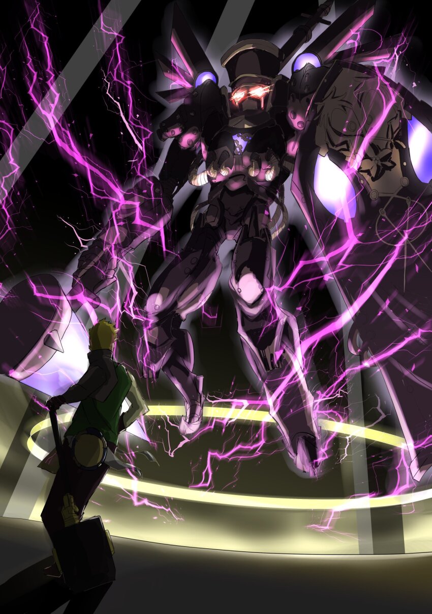 2boys, back, battle, blonde_hair, chaos_pinocchio_(grimms_notes), electricity, floating, full_body