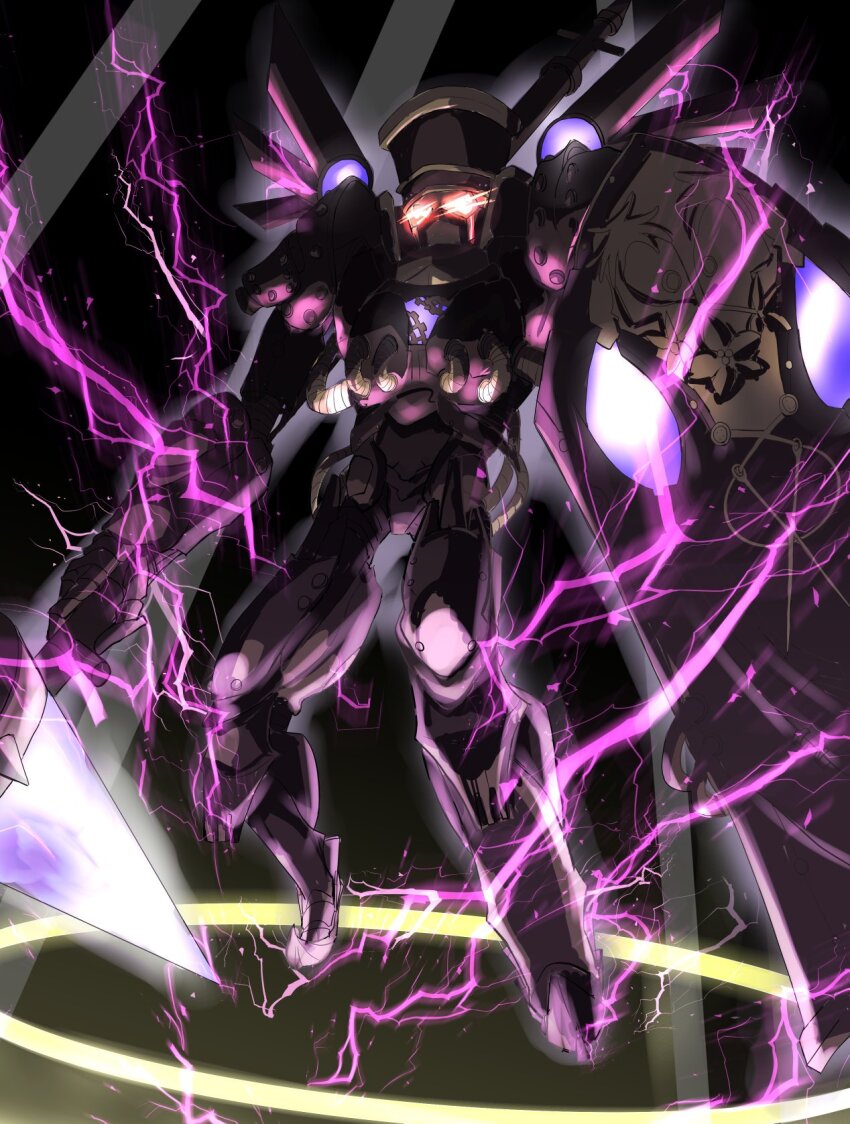 1boy, chaos_pinocchio_(grimms_notes), electricity, floating, full_body, gears, glowing, glowing_eyes