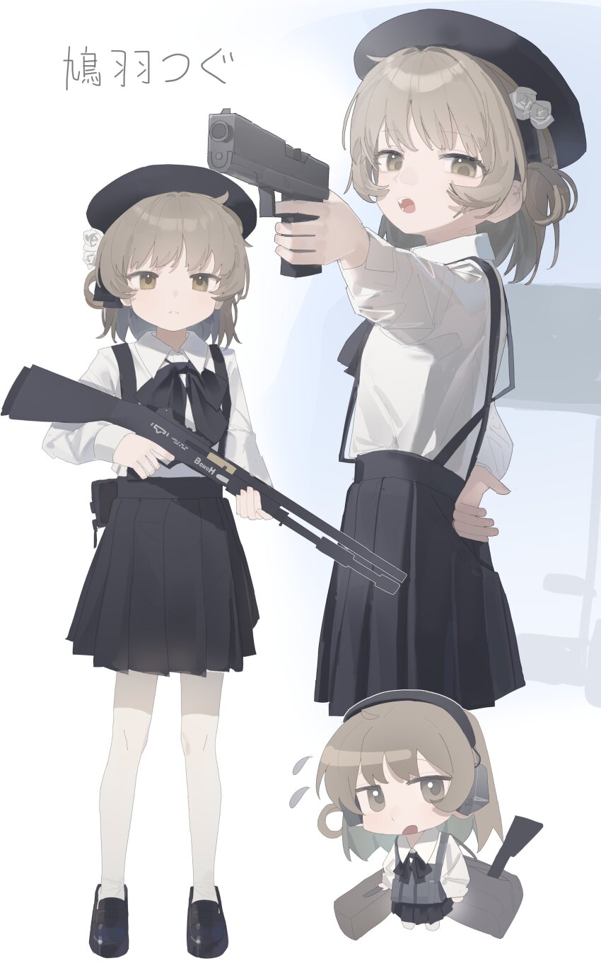 1girl, absurdres, ar2a, beret, black_bow, black_bowtie, black_skirt, bow