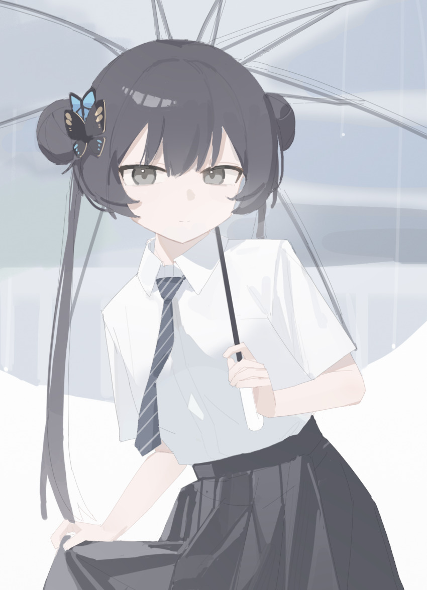 1girl, ar2a, black_hair, black_necktie, black_skirt, blue_archive, clothes_lift, collared_shirt