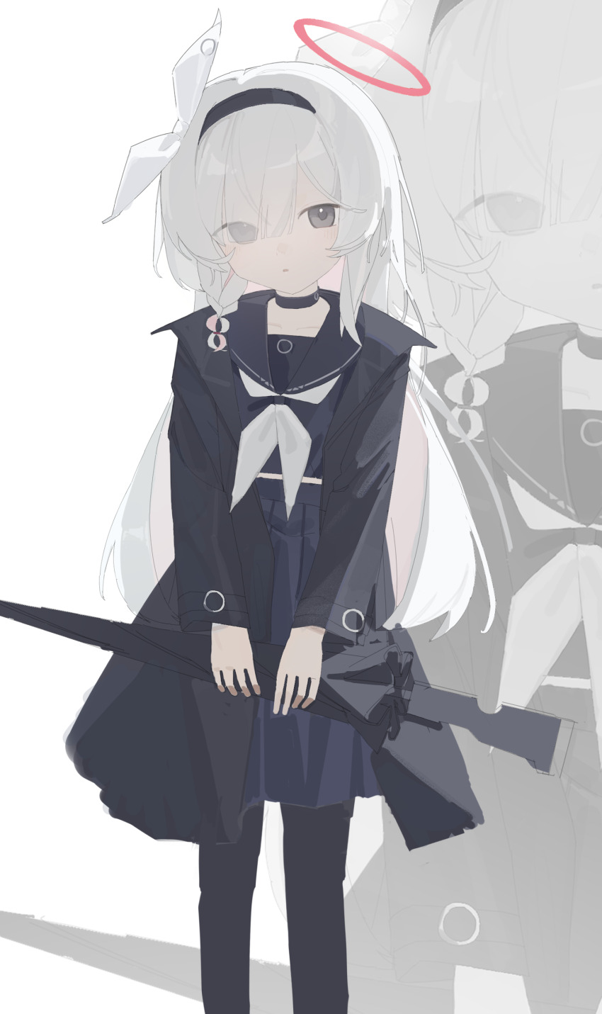 1girl, absurdres, ar2a, black_pantyhose, blue_archive, blue_sailor_collar, blue_serafuku, bow_hairband