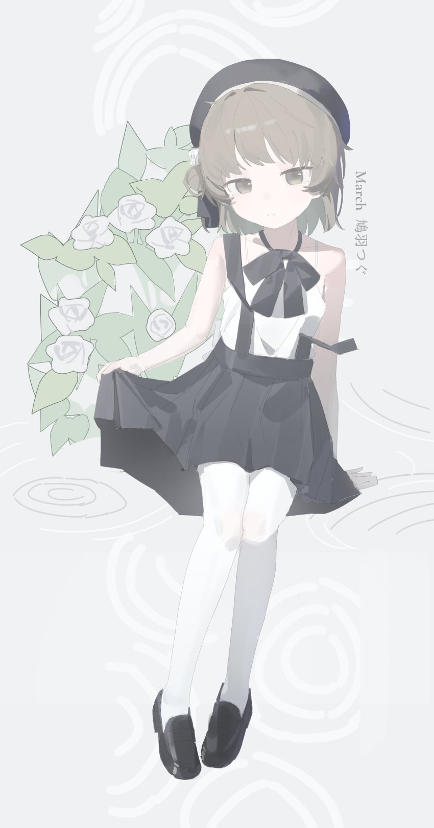 1girl, absurdres, ar2a, beret, black_bow, black_bowtie, black_skirt, bow