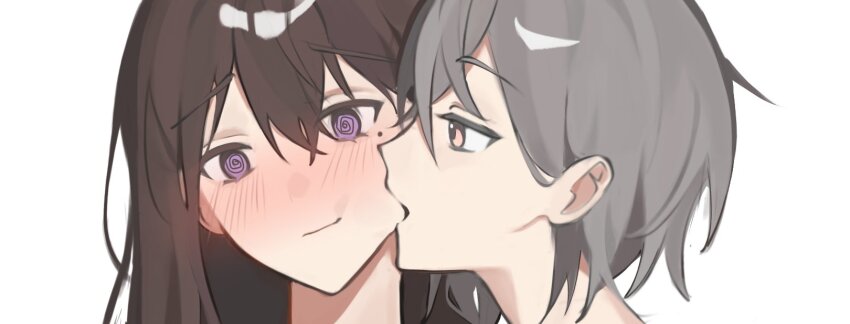 2girls, bang_dream!, bang_dream!_it's_mygo!!!!!, biting, biting_cheek, blush, brown_eyes, brown_hair, closed_mouth, commentary, grey_hair, highres, linh_3l, long_hair, mole, mole_under_eye, multiple_girls, shiina_taki, short_hair, simple_background, untranslatable_commentary, takamatsu_tomori, white_background, yuri