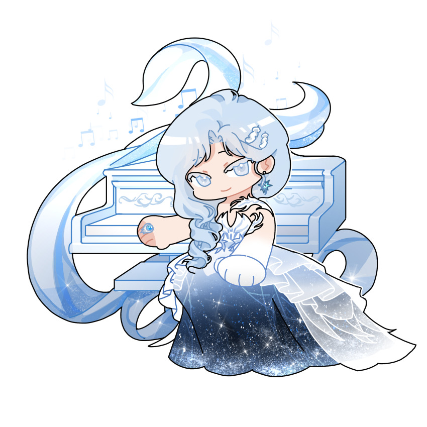 1girl, bare_arms, blue_dress, blue_eyes, blue_hair, character_request, chibi, chinese_commentary