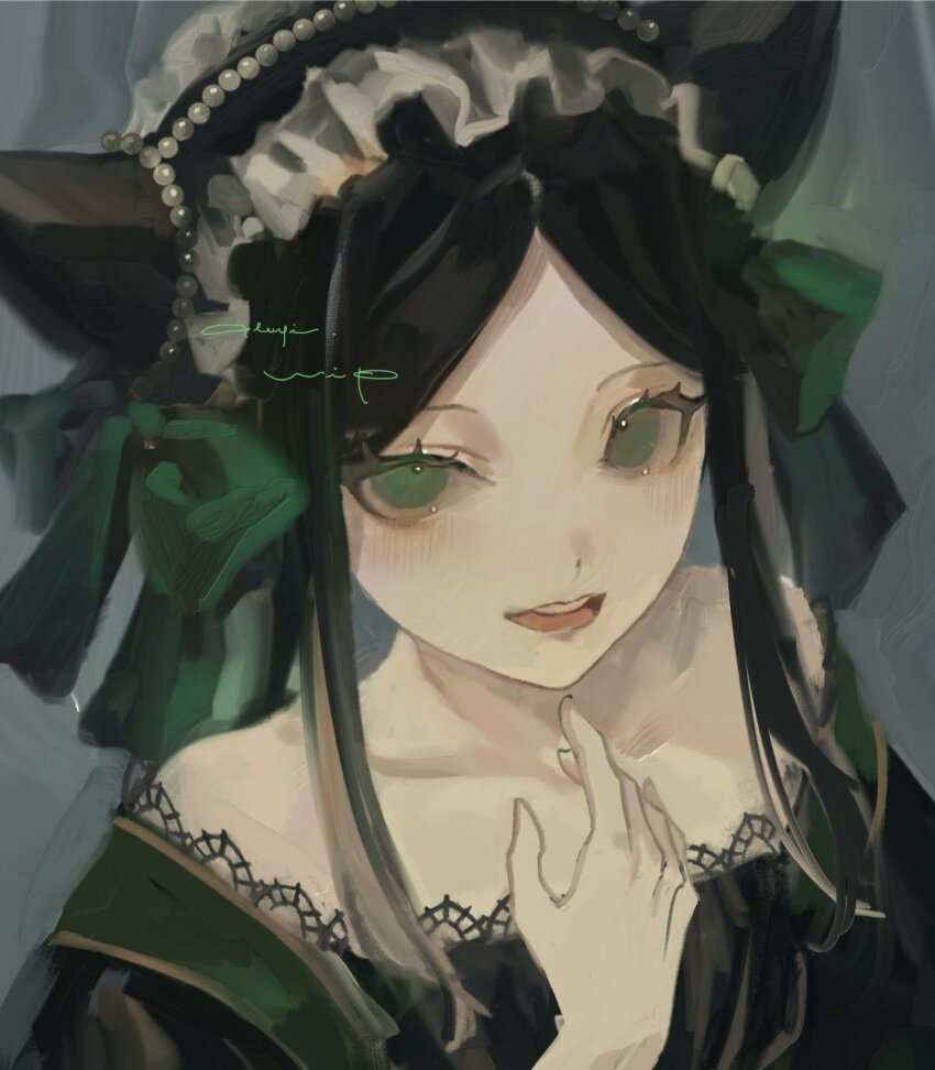 1girl, bare_shoulders, black_hair, bow, dress, fake_horns, frilled_hairband, frills