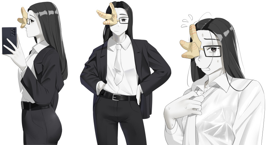 1girl, absurdres, aweeeeh852, black_hair, collared_shirt, colored_skin, commentary, coral, coral_glasses, ena:_dream_bbq, ena_(series), english_commentary, from_side, glasses, highres, holding, holding_phone, long_hair, multiple_views, necktie, office_lady, phone, rectangular_eyewear, shirt, simple_background, solo, sweat, white_background, white_necktie, white_skin