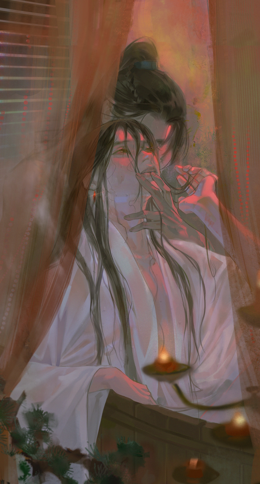 2boys, absurdres, braid, branch, brown_hair, candle, candlestand, chinese_clothes, chinese_commentary, curtains, earrings, hand_on_another's_face, hanfu, high_ponytail, highres, in_bathtub, jewelry, long_hair, long_sleeves, looking_up, male_focus, multiple_boys, open_clothes, open_mouth, partially_submerged, ponytail, qiang_jin_jiu, shen_zechuan, si_jiang, single_earring, upper_body, wet, wet_clothes, wet_hair, white_hanfu, wide_sleeves, wooden_bathtub, xiao_chiye, yaoi