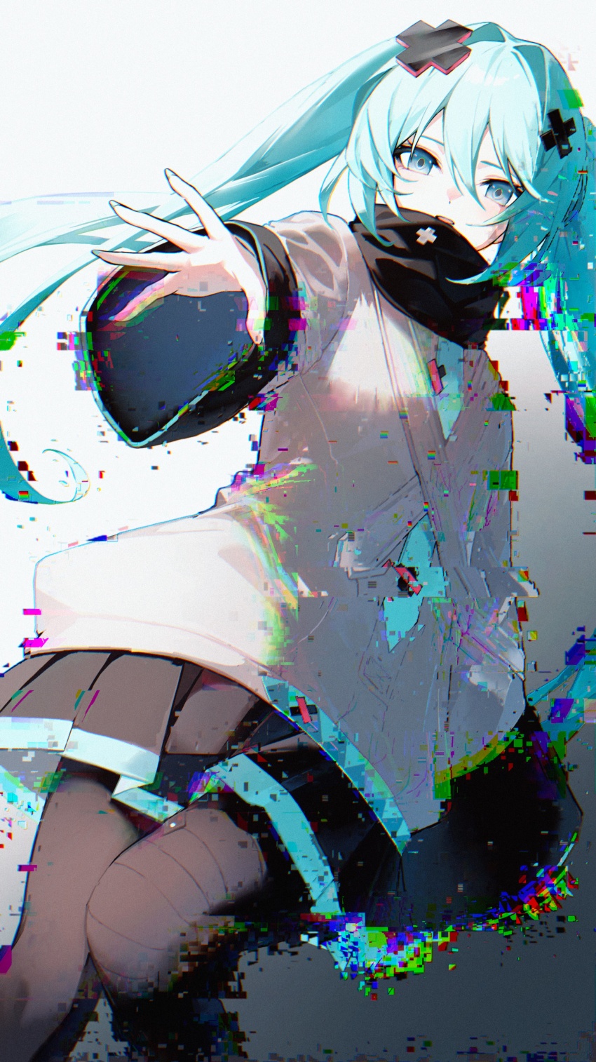 1girl, absurdres, black_pantyhose, black_skirt, blue_eyes, blue_hair, blue_necktie, cropped_legs