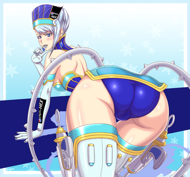 10s, 1girl, appurin, ass, blue_eyes, blue_hair, blue_rose_(tiger_&amp;_bunny), blush, earrings, female_focus, finger_to_mouth, fingernails_over_gloves, from_behind, huge_ass, jewelry, karina_lyle, lipstick, looking_at_viewer, looking_back, makeup, matching_hair/eyes, smile, solo, thighhighs, tiger_&amp;_bunny