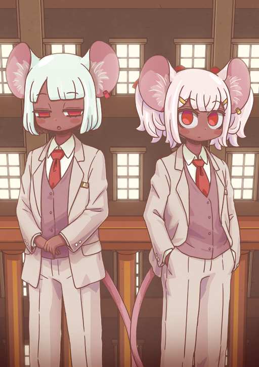 2girls, animal_ear_piercing, animal_ears, blue_hair, blunt_bangs, blush_stickers, bob_cut, bow, brown_background, brown_jacket, brown_pants, brown_suit, buttons, closed_mouth, collared_shirt, daikokuten_(fate), daikokuten_(second_ascension)_(fate), dark-skinned_female, dark_skin, suit_pants, dress_shirt, expressionless, fate/grand_order, fate_(series), feet_out_of_frame, formal_clothes, game_cg, hair_bow, hair_ornament, hairclip, half-closed_eyes, hands_in_pockets, jacket, lapels, layered_sleeves, long_sleeves, looking_at_viewer, mouse_ears, mouse_girl, mouse_tail, multiple_girls, necktie, notched_lapels, official_art, open_clothes, open_jacket, own_hands_together, pants, parted_bangs, parted_lips, pink_hair, pink_vest, red_bow, red_eyes, red_necktie, riyo_(lyomsnpmp), shirt, short_hair, short_twintails, sidelocks, standing, suit, suit_jacket, tail, third-party_source, twintails, variant_set, very_dark_skin, vest, waistcoat, white_shirt, window, wing_collar
