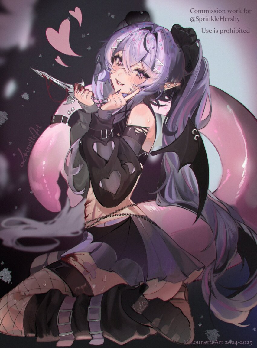 1girl, artist_name, ass, bare_shoulders, bat_wings, belt, belt_buckle, black_boots, black_nails, black_sleeves, black_wings, blood, blood_on_face, blood_on_hands, blood_on_leg, blood_on_mouth, blood_on_stomach, bloody_knife, bloody_weapon, blush, boots, buckle, cetacean_tail, character_name, clothing_cutout, commentary, commission, copyright_notice, crossed_bangs, detached_sleeves, double-parted_bangs, ear_piercing, english_commentary, english_text, fins, fish_tail, fishnet_thighhighs, fishnets, hair_between_eyes, hair_ornament, hairclip, hands_up, heart, heart-shaped_pupils, heart_cutout, highres, index_finger_raised, indie_virtual_youtuber, knife, long_hair, looking_at_viewer, lounette, miniskirt, multicolored_nails, narwhal_girl, parted_lips, piercing, pink_pupils, pink_tail, pointy_ears, purple_eyes, purple_hair, purple_nails, purple_skirt, skirt, smile, solo, sprinkle_hershy, sweat, symbol-shaped_pupils, tail, thighhighs, two-tone_nails, very_long_hair, virtual_youtuber, weapon, wing_piercing, wings