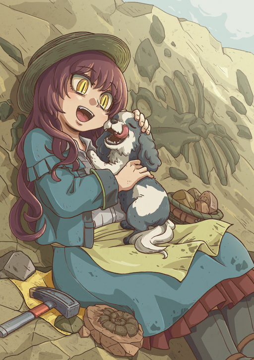 1girl, :d, ammonite, animal, animal_on_lap, animal_skeleton, apron, aqua_jacket