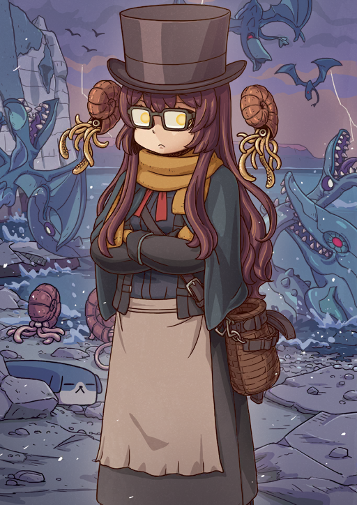 1girl, ammonite, animal, apron, bag, beach, belt_buckle, black-framed_eyewear, black_hat, black_jacket, black_skirt, blue_shirt, breasts, brown_hair, buckle, closed_mouth, crossed_arms, dinosaur, fate/grand_order, fate_(series), feet_out_of_frame, frown, game_cg, glasses, glowing, glowing_eyes, green_shawl, grey_apron, hat, jacket, lightning, long_hair, long_sidelocks, long_sleeves, looking_at_viewer, mary_anning_(fate), mary_anning_(third_ascension)_(fate), medium_breasts, medium_skirt, mittens, monster, neck_ribbon, ocean, official_art, open_clothes, open_jacket, overcast, pickaxe, rectangular_eyewear, red_ribbon, ribbon, riyo_(lyomsnpmp), scarf, shawl, shirt, shoulder_bag, sidelocks, skirt, sky, sleeve_cuffs, solo, splashing, storm, third-party_source, top_hat, variant_set, waist_apron, yellow_eyes, yellow_mittens, yellow_scarf