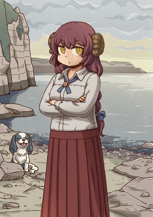 1girl, ammonite_hair_ornament, animal, beach, blue_bow, blue_cross_tie, bow, braid