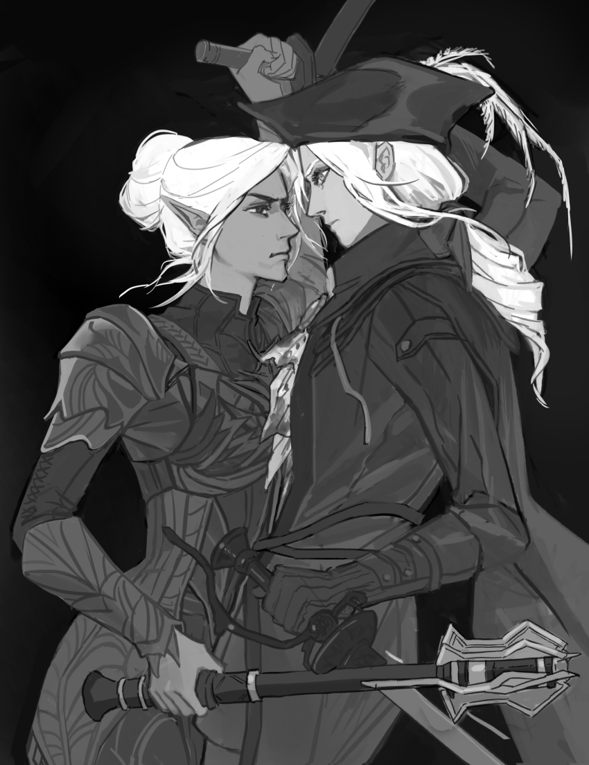 2girls, absurdres, baldur's_gate, baldur's_gate_3, black_background, bloodborne, coat, cowboy_shot