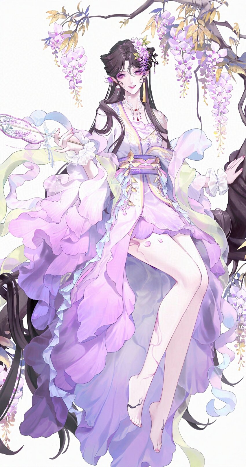 1girl, absurdres, bare_legs, barefoot, black_hair, body_markings, branch, chinese_clothes