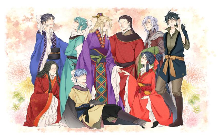 1girl, 6+boys, aqua_hair, black_hair, blonde_hair, blue_hair, bun_cover, character_request