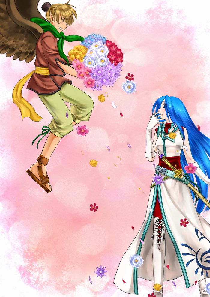 1boy, 1girl, blue_eyes, blue_hair, blush, bo_(774berry), boots, bouquet
