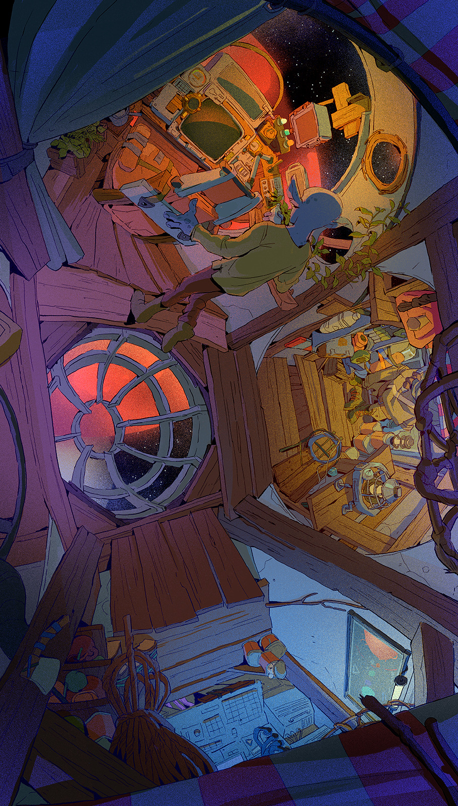 1other, blue_skin, chair, colored_skin, commentary, curtains, english_commentary, facing_away