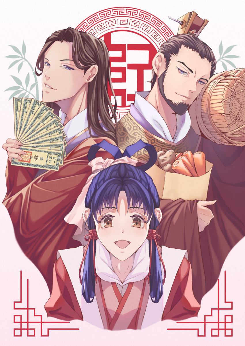 1girl, 2boys, :d, absurdres, blue_eyes, blue_hair, box, brown_eyes