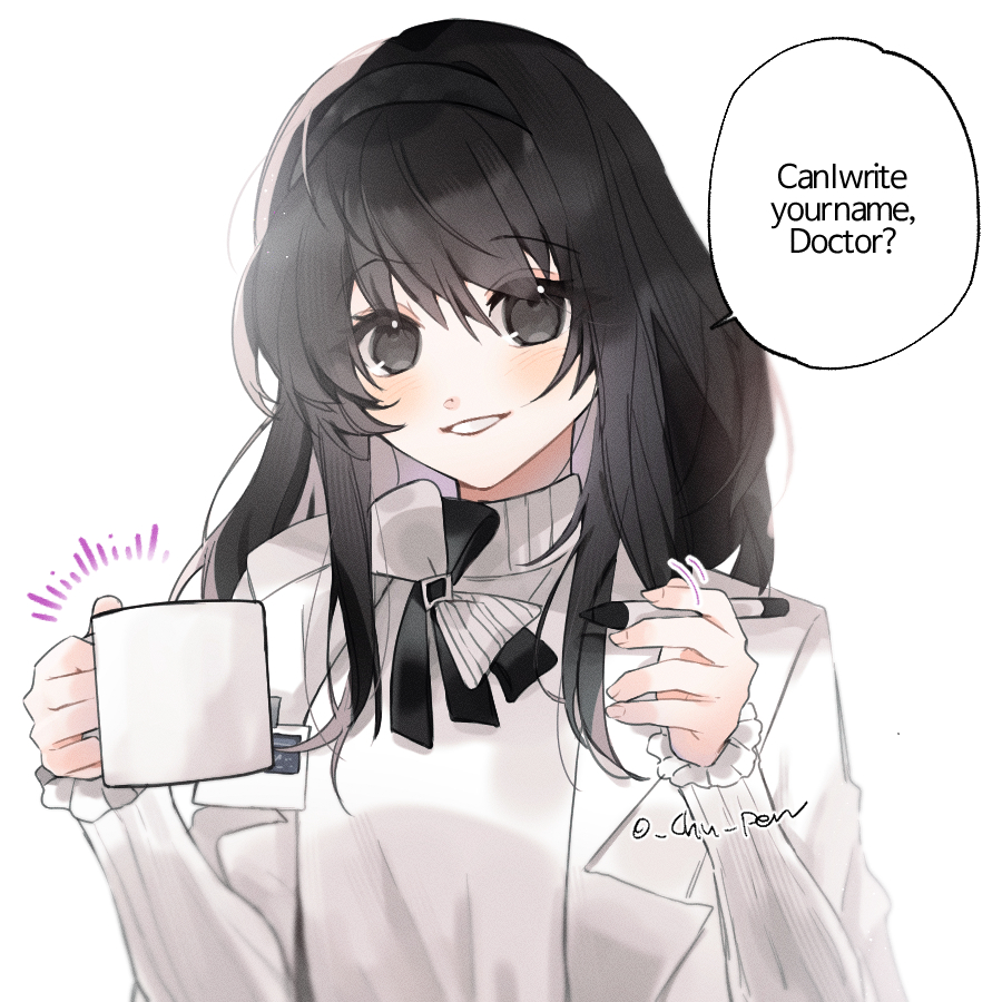 1girl, :d, arknights, black_eyes, black_hair, black_hairband, blush, commentary_request