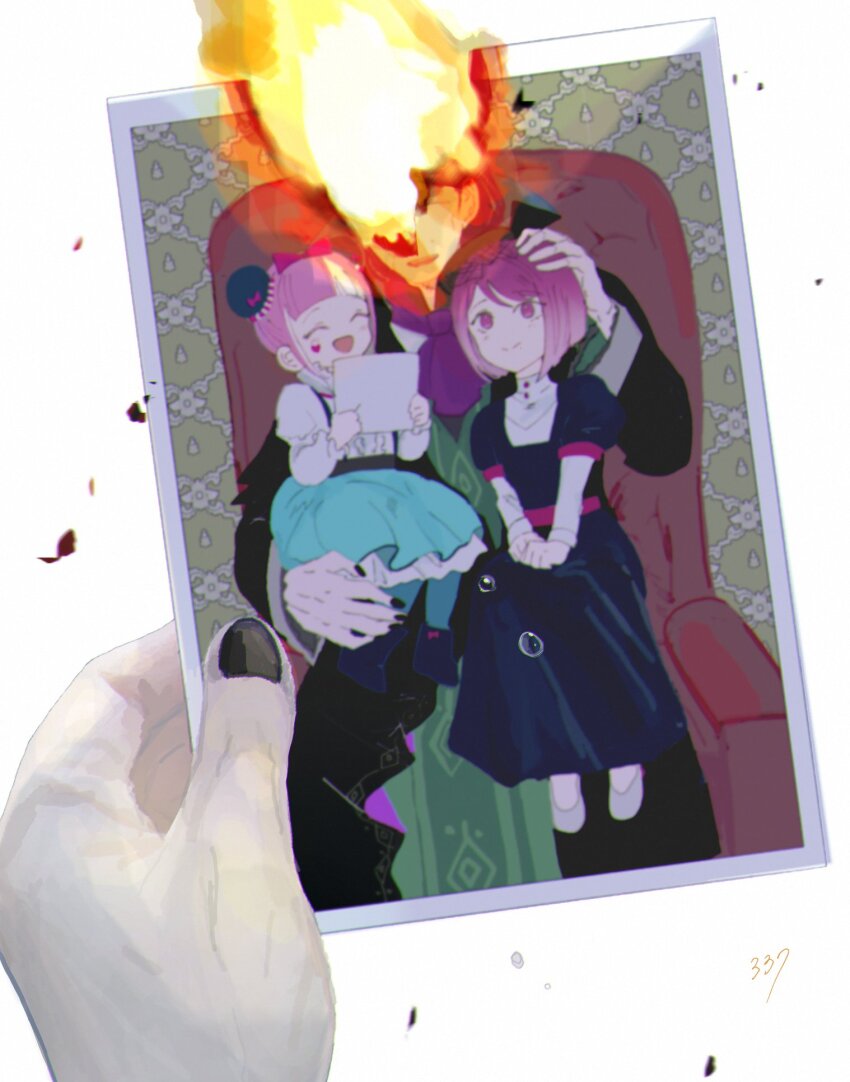 1boy, 2girls, aged_down, burning, burning_photo, father_and_child, father_and_daughter, fire_emblem, fire_emblem_engage, highres, holding, holding_photo, hortensia_(fire_emblem), hyacinth_(fire_emblem), ivy, ivy_(fire_emblem), multiple_girls, nintendo, parent_and_child, photo_(object), pink_hair, pov, purple_eyes, purple_hair, sasaki_(dkenpisss), siblings, sisters, sitting