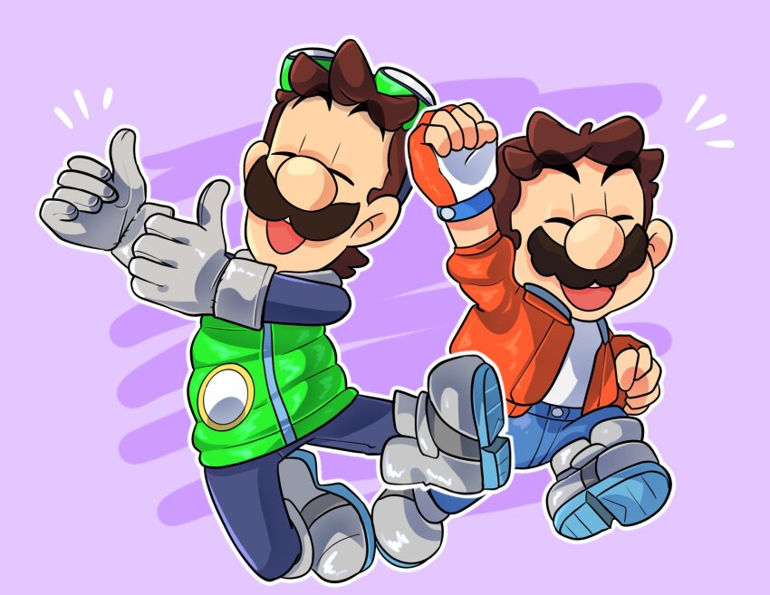 2boys, boots, brothers, brown_hair, carolinerdraws, closed_eyes, double_thumbs_up, facial_hair