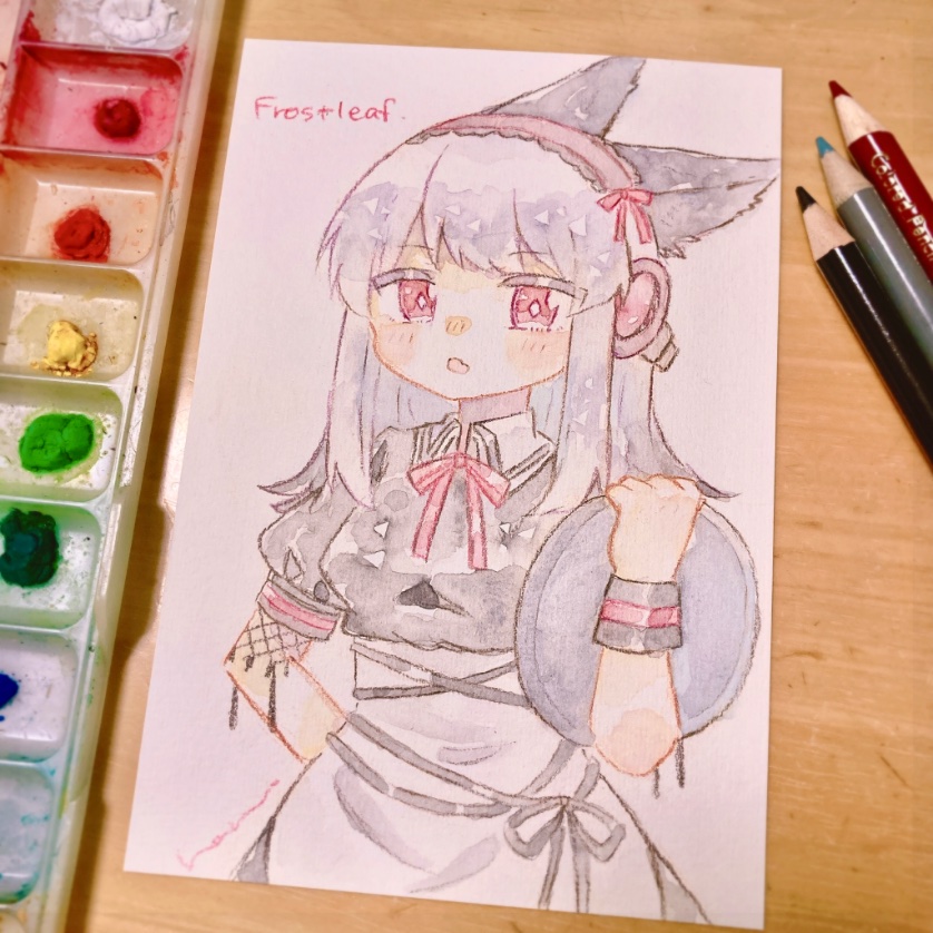 1girl, animal_ears, apron, arknights, arm_behind_back, art_tools_in_frame, black_dress, bow