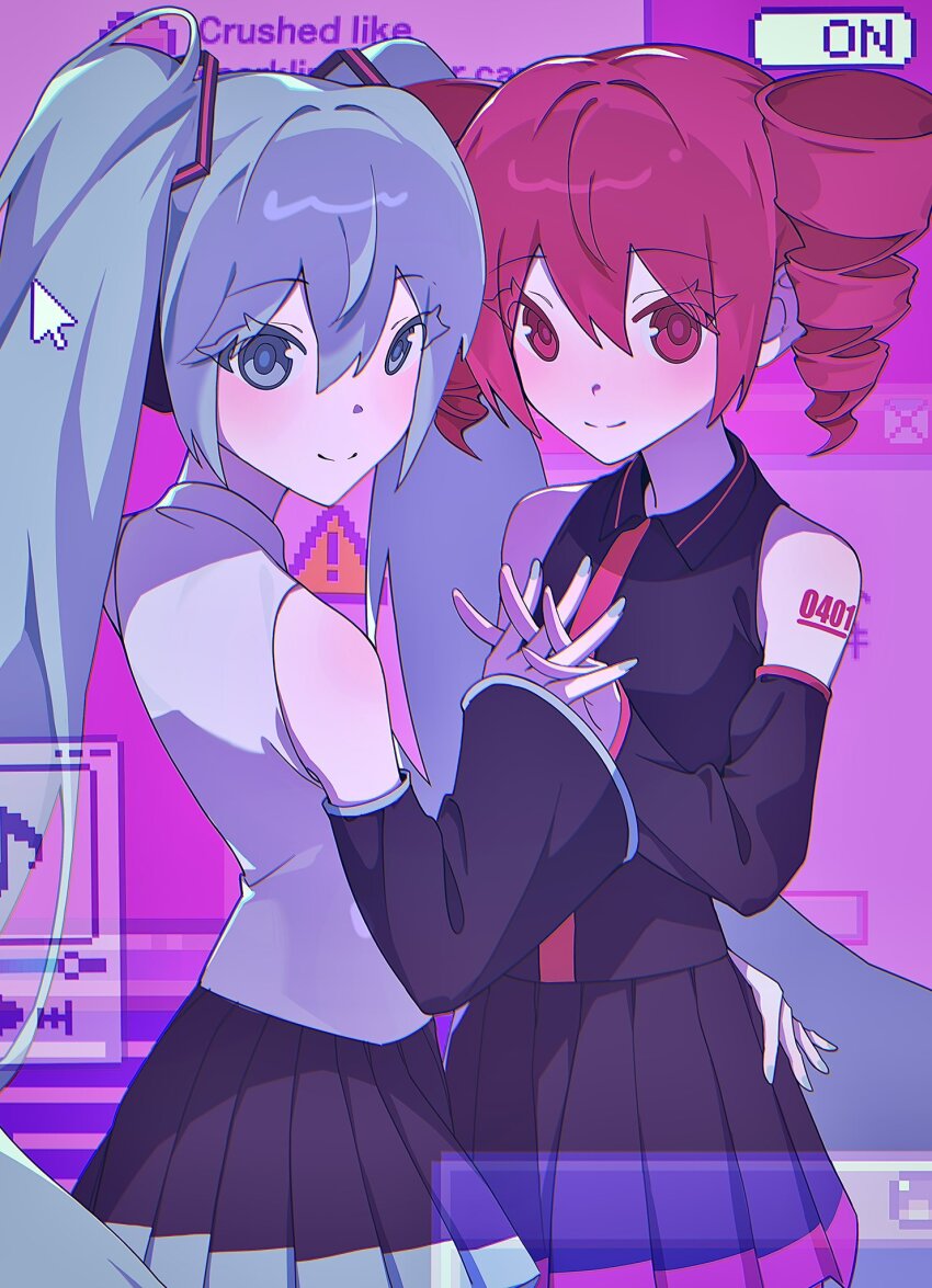 2girls, bare_shoulders, black_skirt, black_sleeves, blue_eyes, blue_hair, blue_nails, blush