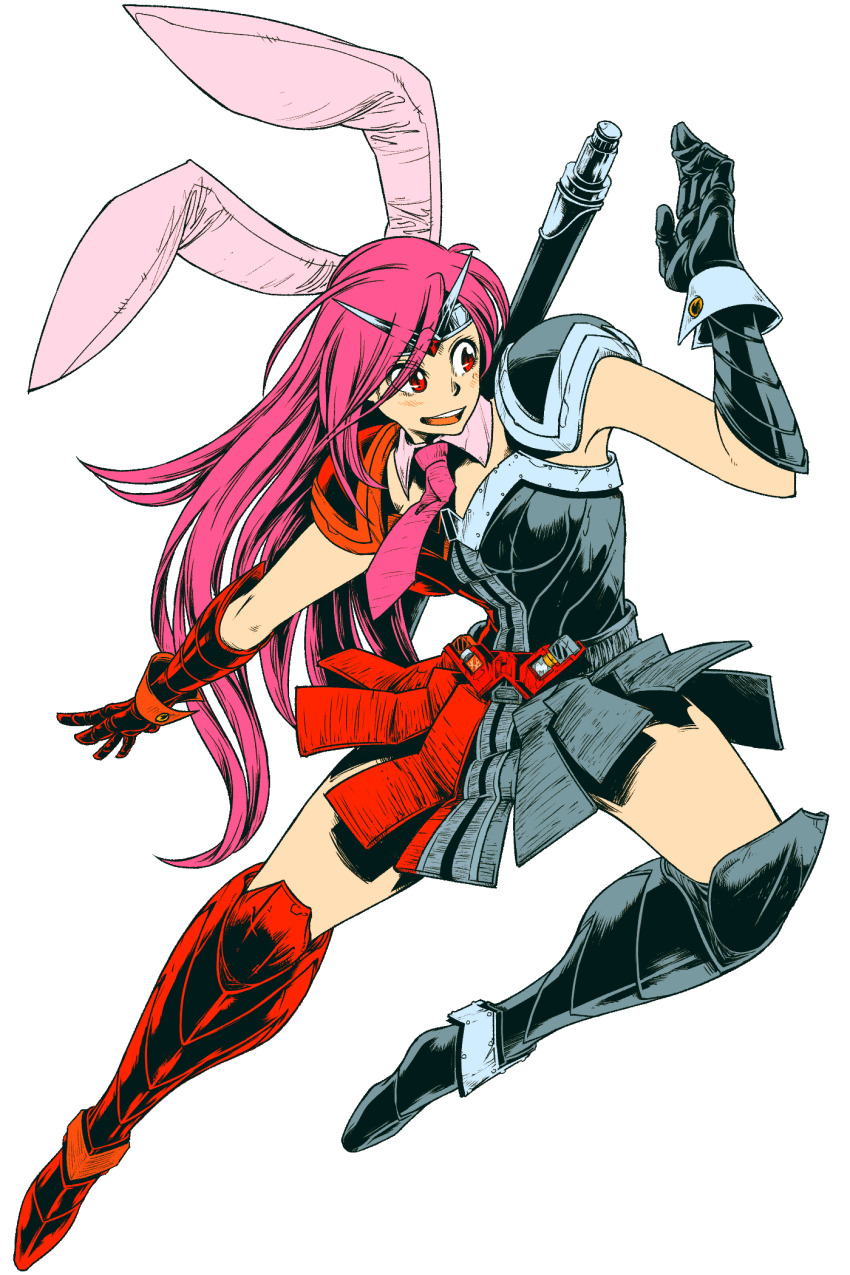 1girl, animal_ears, armor, armored_boots, armored_dress, boots, collar, commentary_request