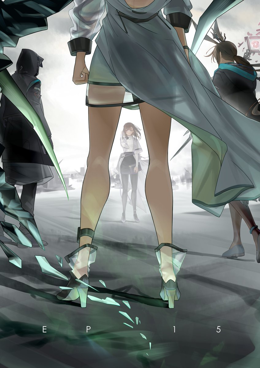 1other, 3girls, amiya_(arknights), animal_ears, anklet, arknights, arm_at_side, black_coat