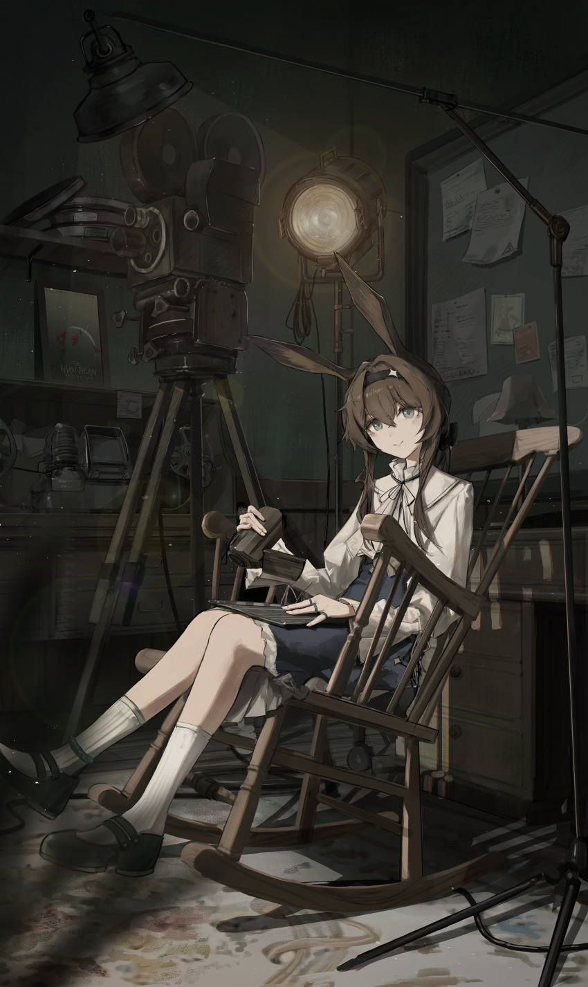 1girl, absurdres, amiya_(arknights), animal_ears, anklet, arknights, billboard, black_hairband