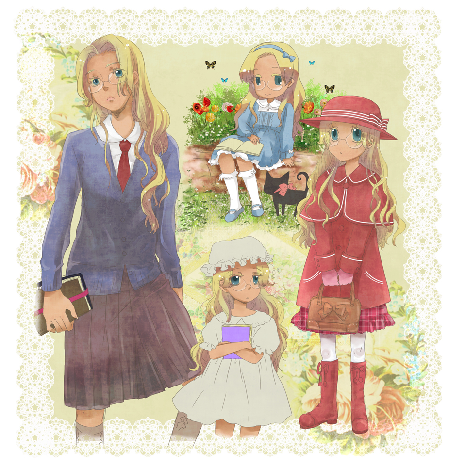 1girl, age_progression, aged_down, bag, blonde_hair, blue_eyes, book, boots