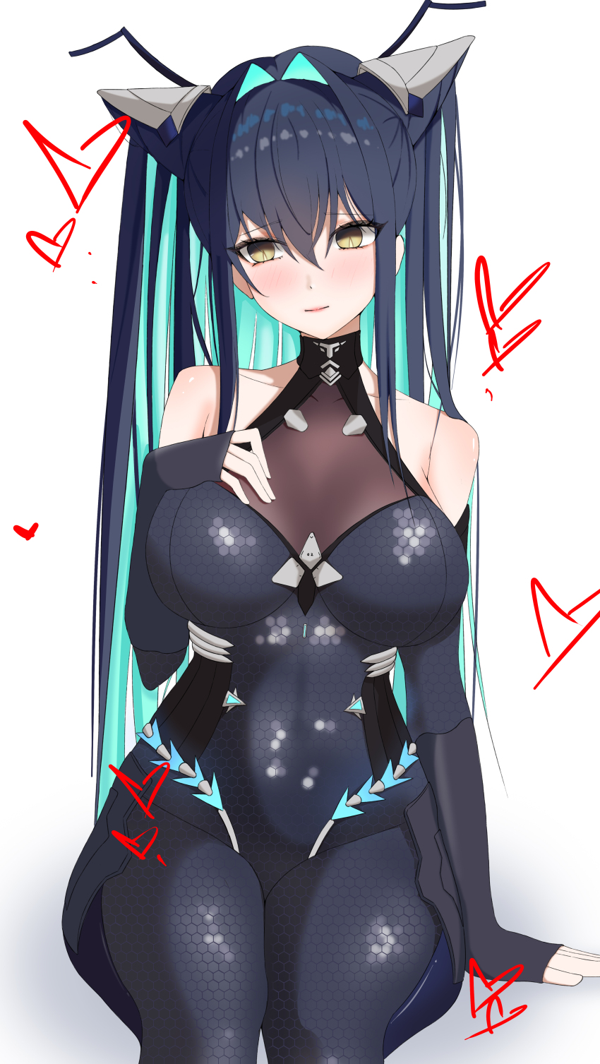 1girl, absurdres, aqua_hair, armpit_cutout, bare_shoulders, black_bodysuit, black_hair, bodysuit