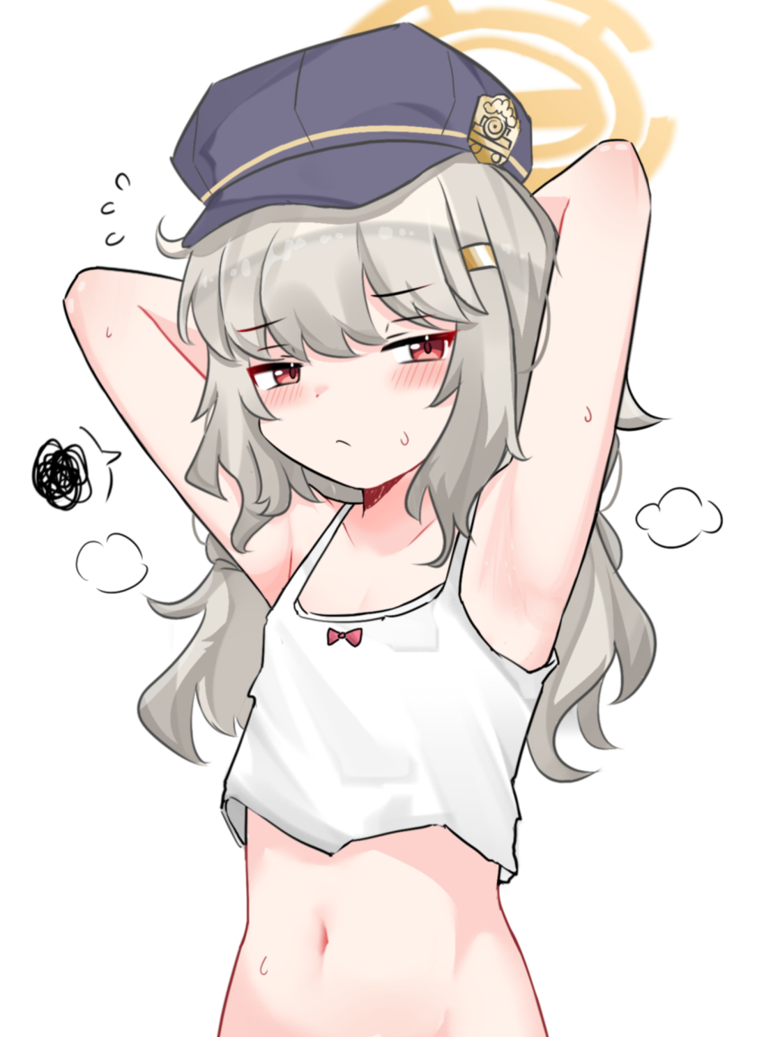 1girl, aoba_(blue_archive), armpit_focus, armpits, arms_behind_head, blue_archive, blue_hat, camisole