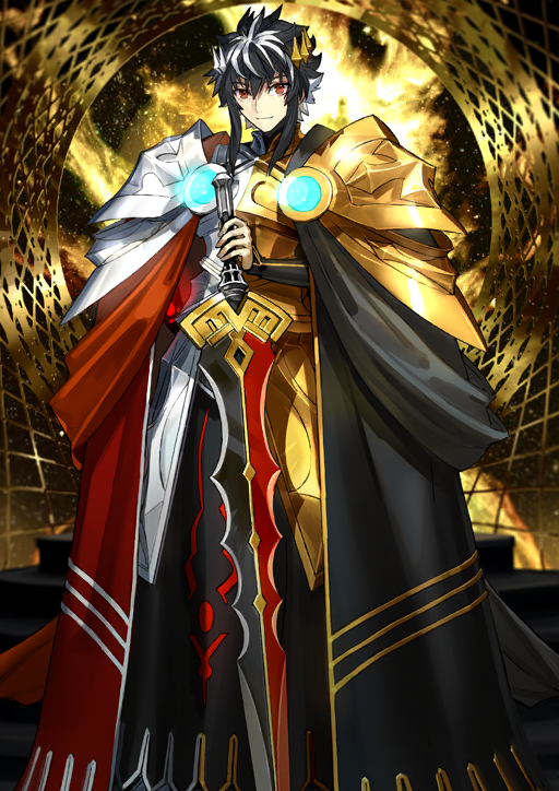 1boy, armor, asymmetrical_armor, black_cape, black_hair, black_shirt, breastplate, cape