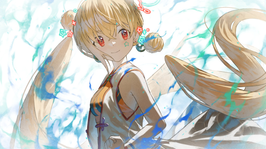 1girl, blonde_hair, clenched_hand, crossed_bangs, naturally_detached_hair, double_bun, earrings, facial_mark