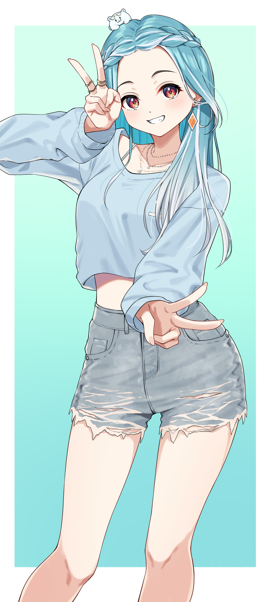 1girl, blue_hair, blue_shirt, border, braid, creature_on_head, denim, denim_shorts