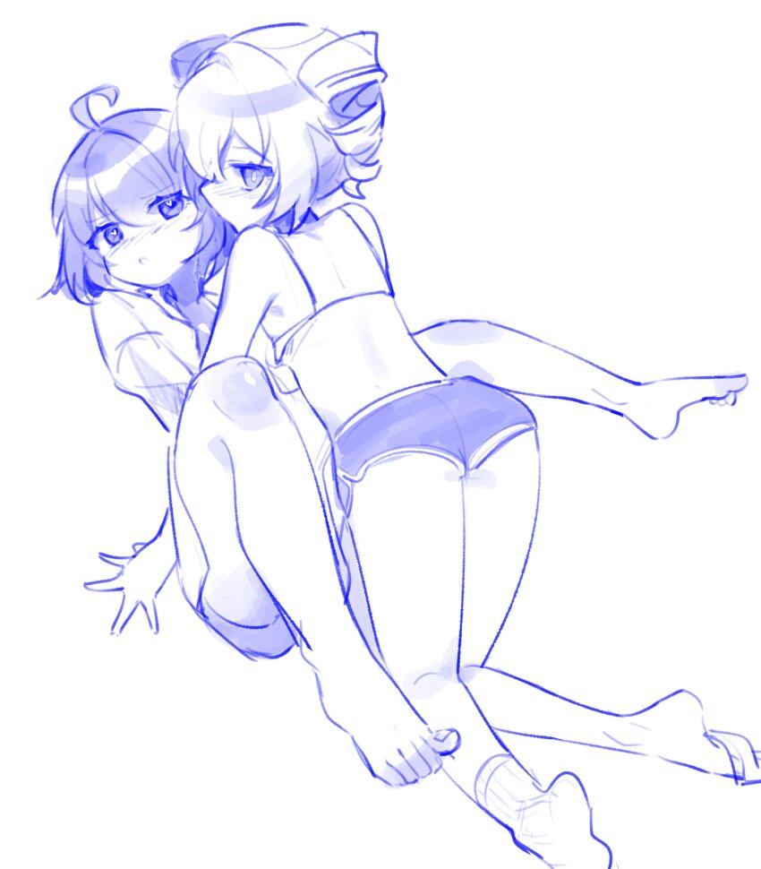 2girls, absurdres, ahoge, bare_arms, bare_shoulders, barefoot, blue_theme, blush, braid, bronya_zaychik, camisole, commentary_request, dolphin_shorts, girl_on_top, hair_between_eyes, heart, heart_in_eye, highres, honkai_(series), honkai_impact_3rd, korean_commentary, monochrome, multiple_girls, no_shoes, parted_lips, pic_p_p, seele_vollerei, short_hair, short_shorts, shorts, simple_background, sketch, socks, symbol_in_eye, twin_braids, twintails, white_background, yuri