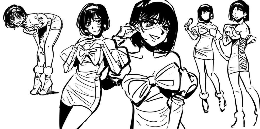 1girl, alien_stage, bent_over, bob_cut, boots, bow, chest_bow, commentary