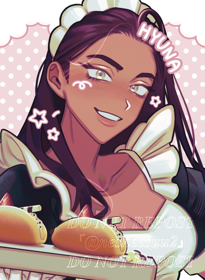 1girl, alien_stage, brown_hair, character_name, commentary, dark-skinned_female, dark_skin, dessert