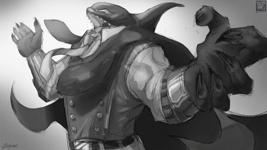 1boy, absurdres, artist_logo, artist_name, bara, boku_no_hero_academia, claws, commentary, english_commentary, fangs, fins, furry, furry_male, gang_orca, greninjazz, greyscale, highres, logo, looking_to_the_side, male_focus, monochrome, necktie, orca_boy, signature, superhero_costume, vest