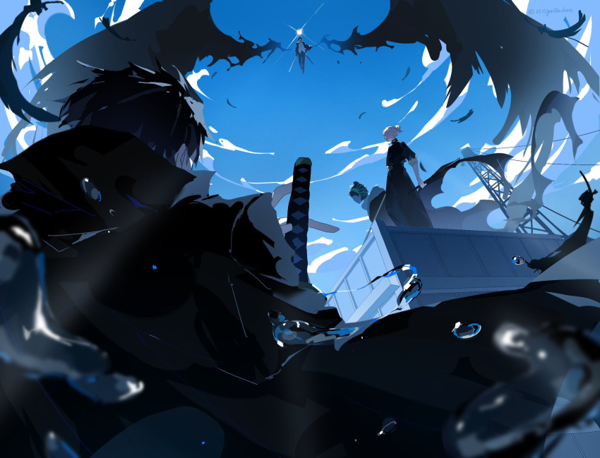 3boys, black_jacket, day, feathers, gorira_(2525gorillachan), highres, hiruhiko_(kagurabachi), holding