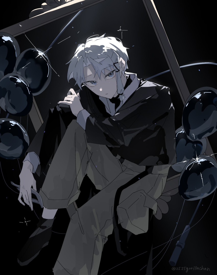 1boy, balloon, black_background, black_shoes, brown_pants, gorira_(2525gorillachan), grey_eyes, grey_hair