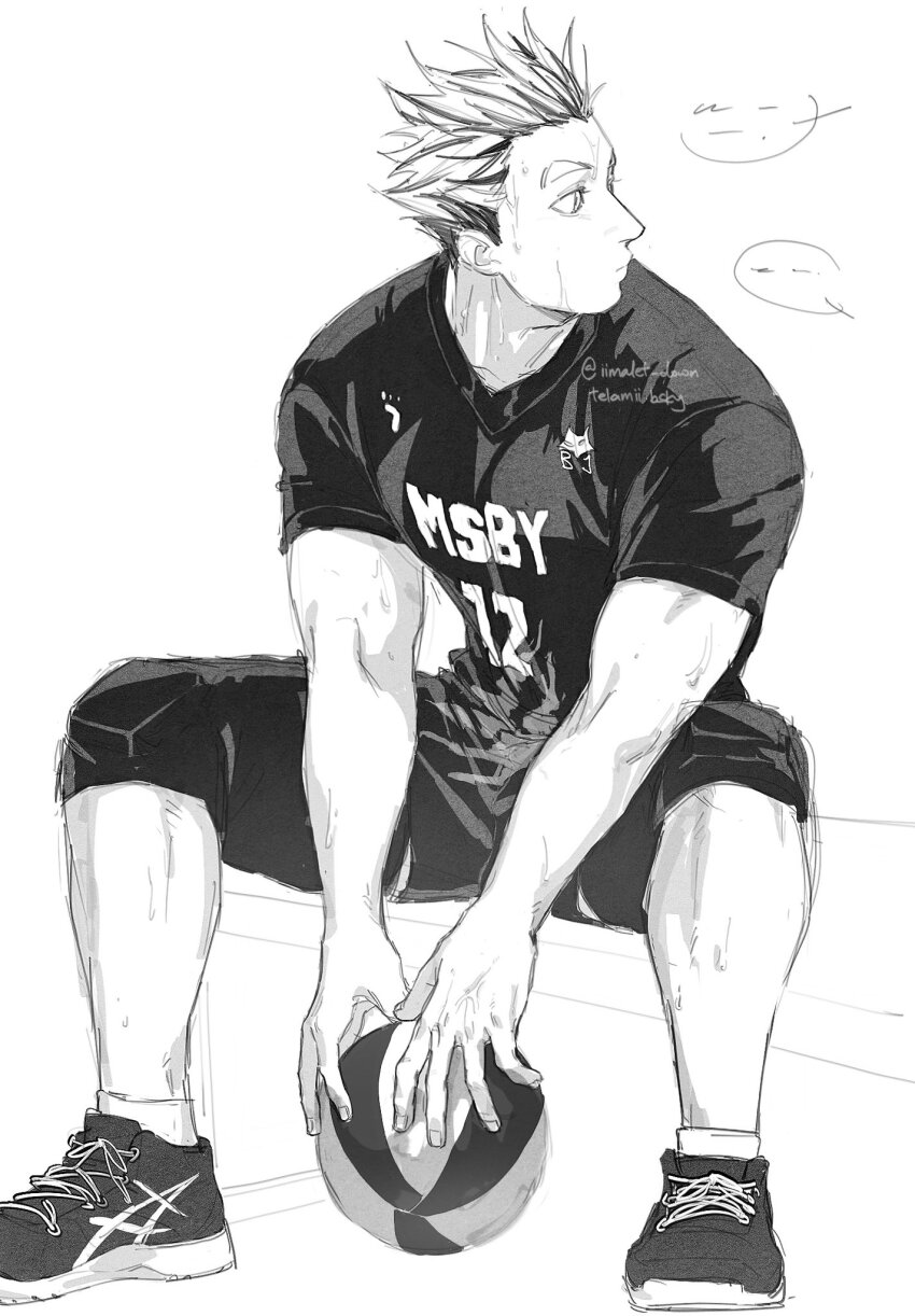 1boy, alt_text, ball, bokuto_koutarou, closed_mouth, commentary, english_commentary, greyscale