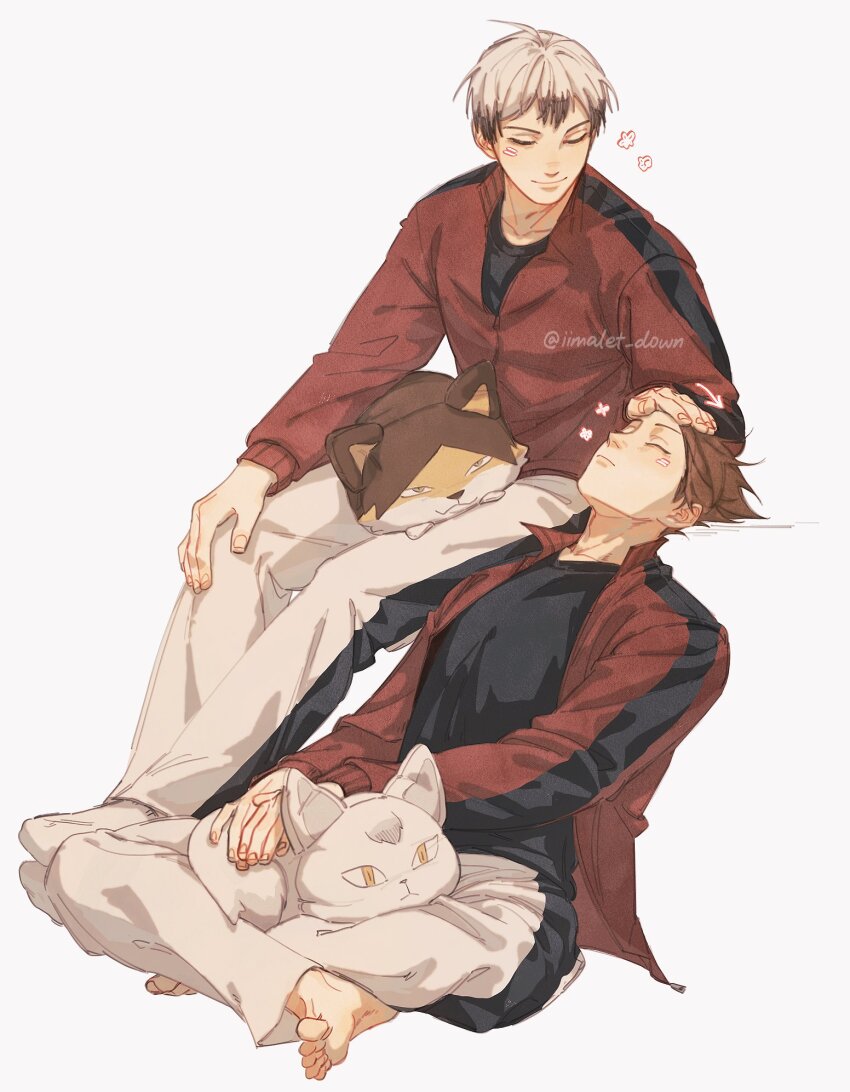 2boys, :3, arrow_(symbol), barefoot, black_hair, blush, brown_hair, closed_eyes