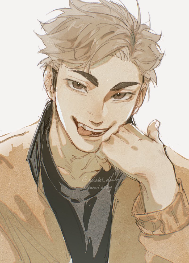 1boy, alt_text, arm_up, black_hair, black_shirt, blonde_hair, brown_eyes, brown_jacket