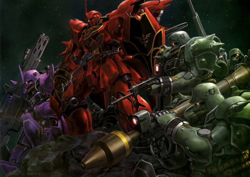 aiming, army, artist_request, asteroid, beam_cannon, beam_rifle, cable, emblem, energy_gun, exposed_internal_machinery, fake_screenshot, geara_zulu, geara_zulu_angelo_sauper_custom, gundam, gundam_perfect_file, gundam_unicorn, machinery, mecha, mecha_focus, mobile_suit, neo_zeon, one-eyed, panzerfaust, radio_antenna, realistic, robot, roundel, science_fiction, scope, shield, shoulder_spikes, sinanju, space, spikes, star_(sky), weapon