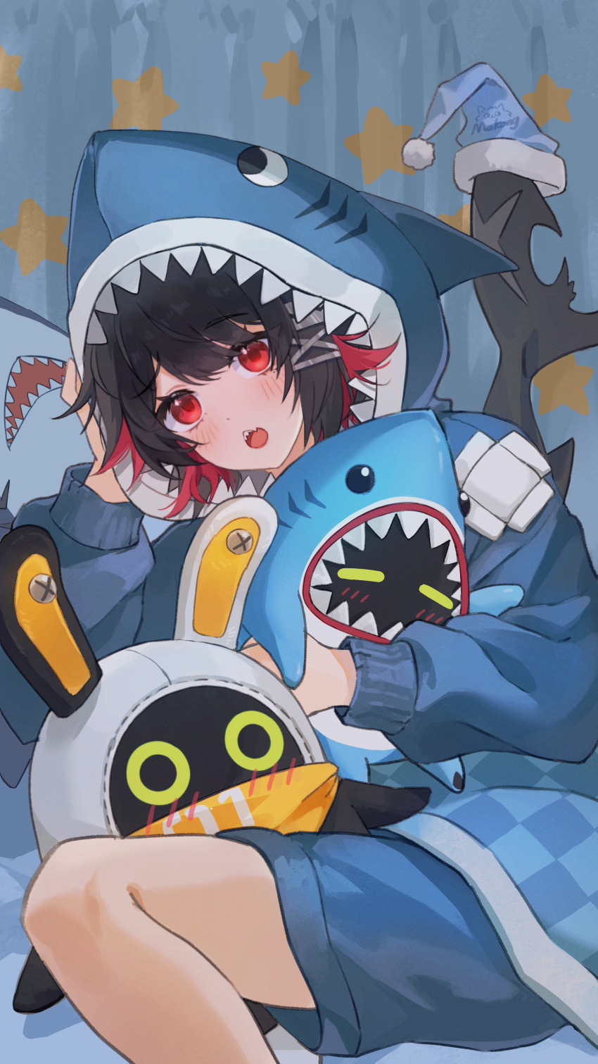 1girl, 2others, absurdres, alternate_costume, black_hair, blue_pajamas, blush, ellen_joe, fins, fish_tail, hair_ornament, highres, hug, long_sleeves, looking_at_viewer, makong6593, multiple_others, open_mouth, pajamas, shark_girl, shark_tail, sharkboo_(zenless_zone_zero), sharp_teeth, short_hair, stuffed_animal, stuffed_rabbit, stuffed_shark, stuffed_toy, tail, teeth, waking_up, zenless_zone_zero
