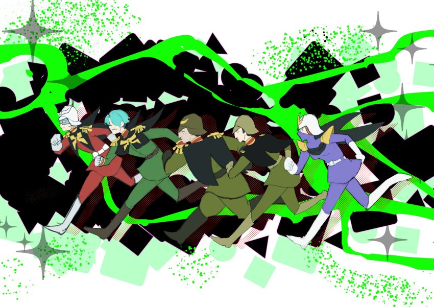 1girl, 4boys, boots, brown_boots, challia_bull, char_aznable, commentary, dren_(gundam), facial_hair, gloves, green_hair, gundam, gundam_gquuuuuux, helmet, highres, jacket, kycilia_zabi, luroiwan, mask, military_jacket, military_uniform, mobile_suit_gundam, mouth_mask, multiple_boys, mustache, red_hair, shirt, short_hair, slender_(gundam), white_boots, white_gloves, zeon